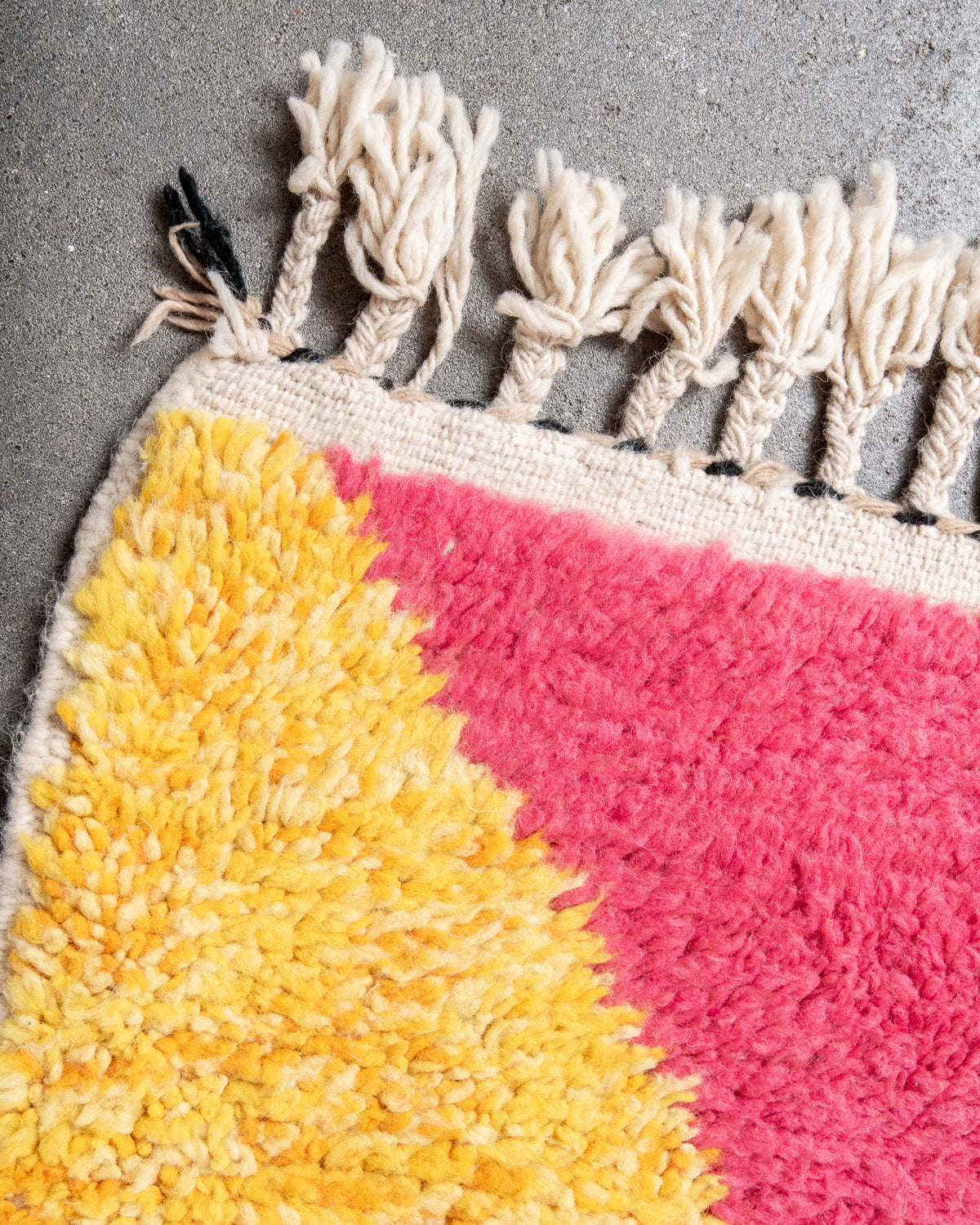 Modern, designer, handcrafted Berber rug from Morocco. Beniourain carpet with beautiful colours and patterns and fluffy wool texture.